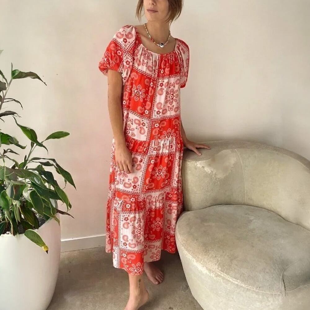 Lisa Says Gah Joni Paisley Patchwork Red Pink Midi Dress Size L